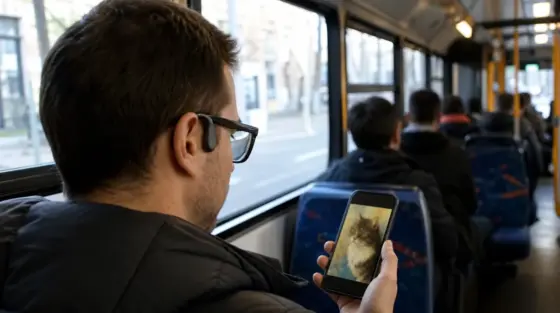 Google: Pendler im Bus betrachtet ein unscharfes Katzenbild auf dem Smartphone