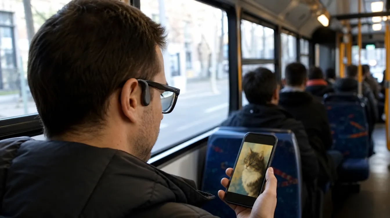 Google: Pendler im Bus betrachtet ein unscharfes Katzenbild auf dem Smartphone