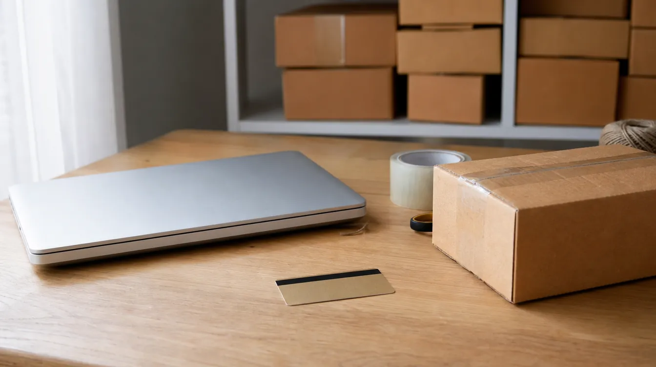 Versandtisch mit Paket, geschlossenem Laptop und verdeckter Karte für den Euro-Checkout