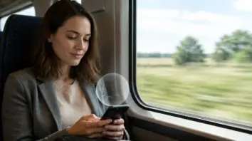 Smartphone im Zug mit dezentem Bubble-Overlay