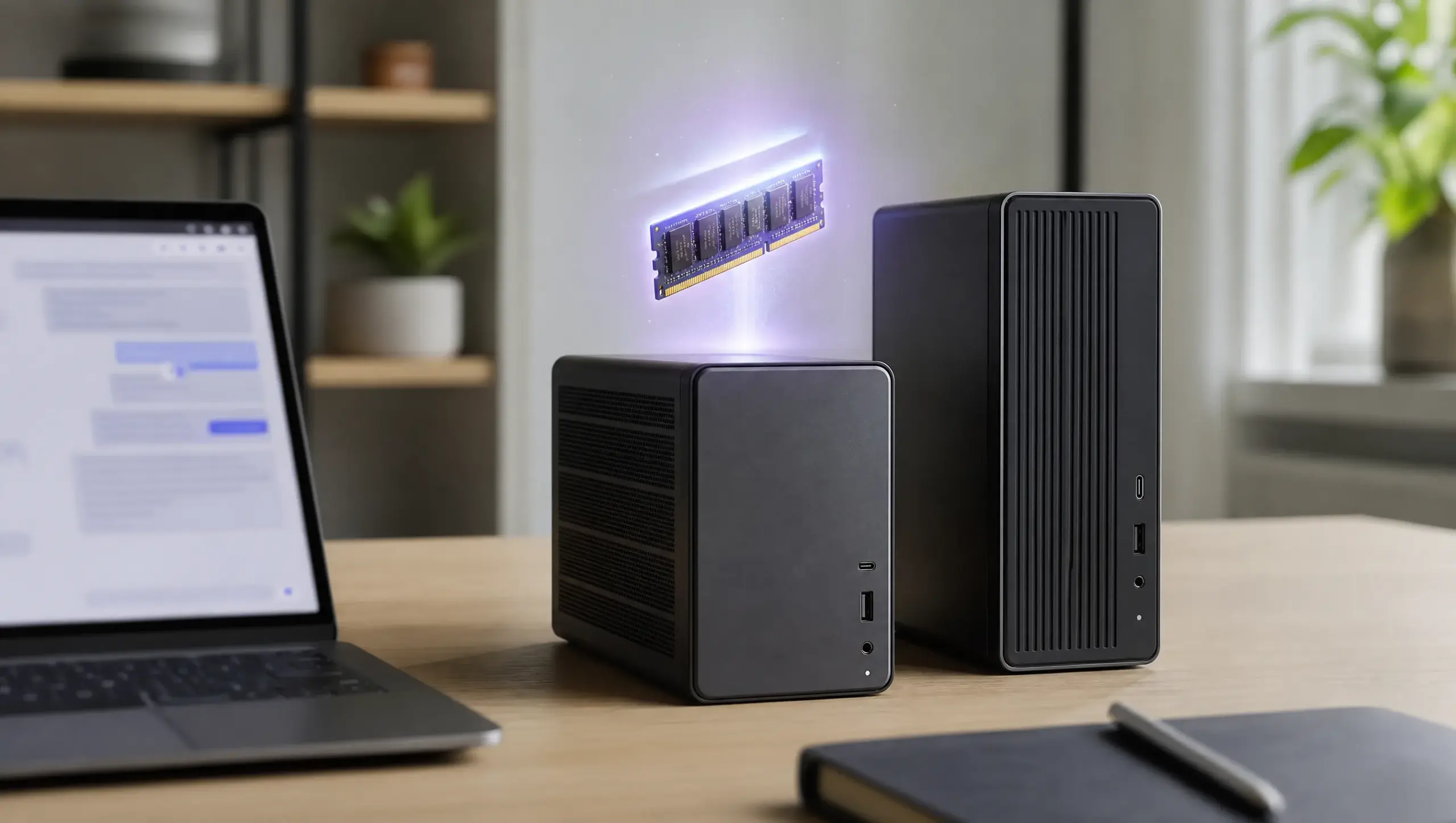 Zwei Mini-PCs neben unscharfem Chatfenster auf dem Schreibtisch