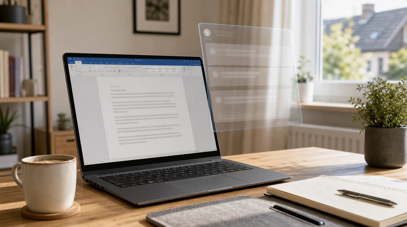 Laptop mit schwebendem KI-Overlay über Word-Dokument