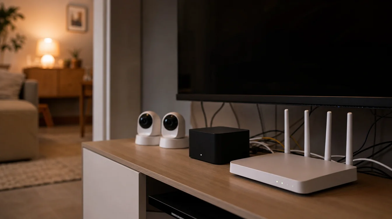Kompakte Hub-Box neben Router und Kameras auf Regal