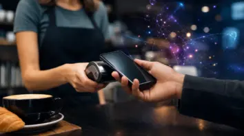Smartphone-Zahlung und abstrakte Quanten-/Krypto-Visualisierung