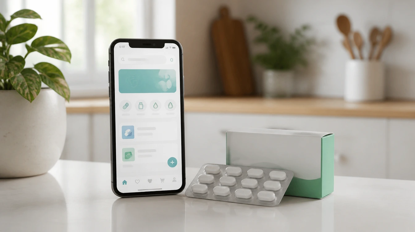 Smartphone mit Pharmacy-App neben Medikamentenschachtel auf Küchentisch