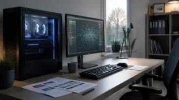 Desktop-PC und Monitor mit unlesbarem Specsheet neben Tastatur