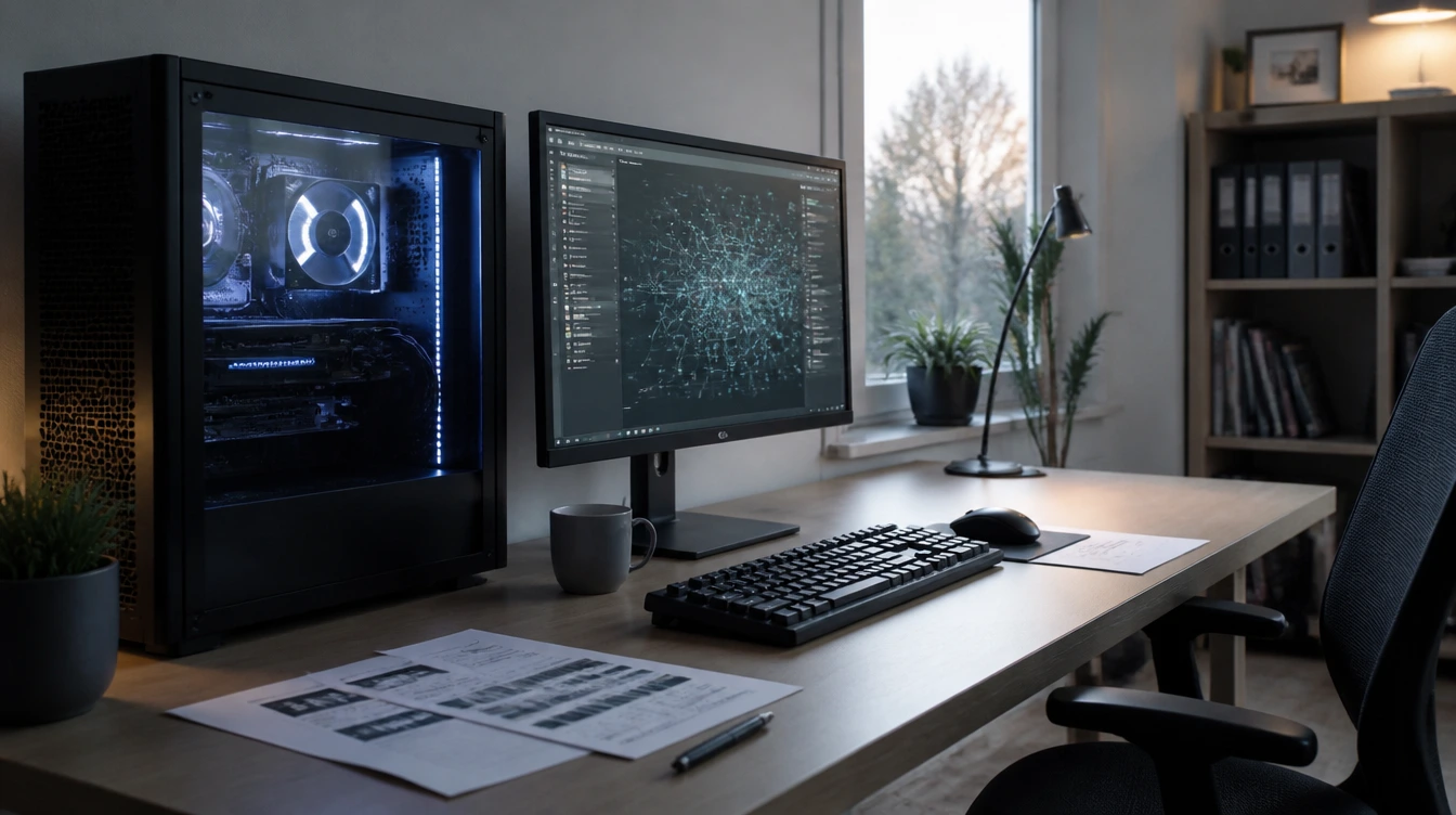Desktop-PC und Monitor mit unlesbarem Specsheet neben Tastatur