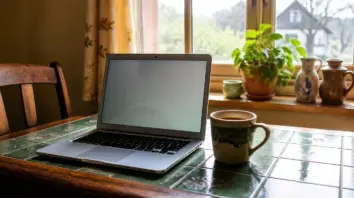 Offenes Chromebook neben Kaffeetasse auf Küchentisch