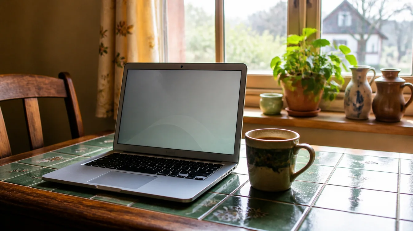 Offenes Chromebook neben Kaffeetasse auf Küchentisch