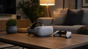 VR-Headset auf Couchtisch neben Controller