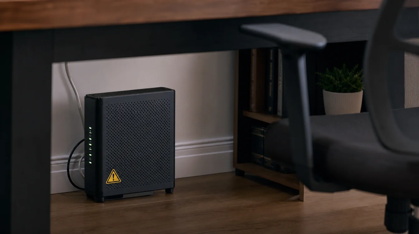 Heimrouter unter dem Schreibtisch mit dezentem Warnhinweis