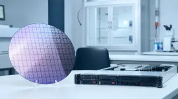Wafer und Server-Blade auf Labortisch