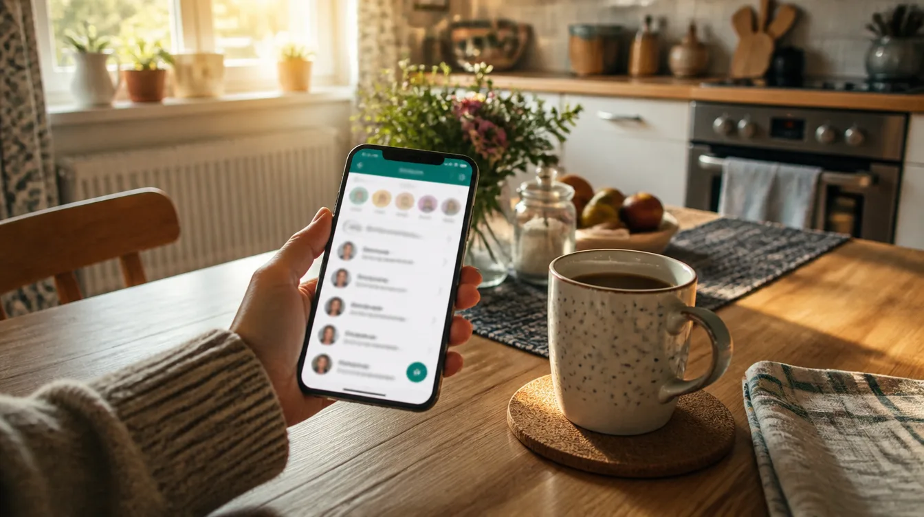Smartphone mit unlesbarem Chat-Homescreen und Kaffeetasse auf Küchentisch