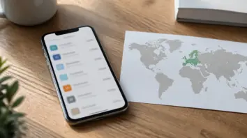 Smartphone-Abo-Übersicht und stilisierte Weltkarte auf dem Tisch