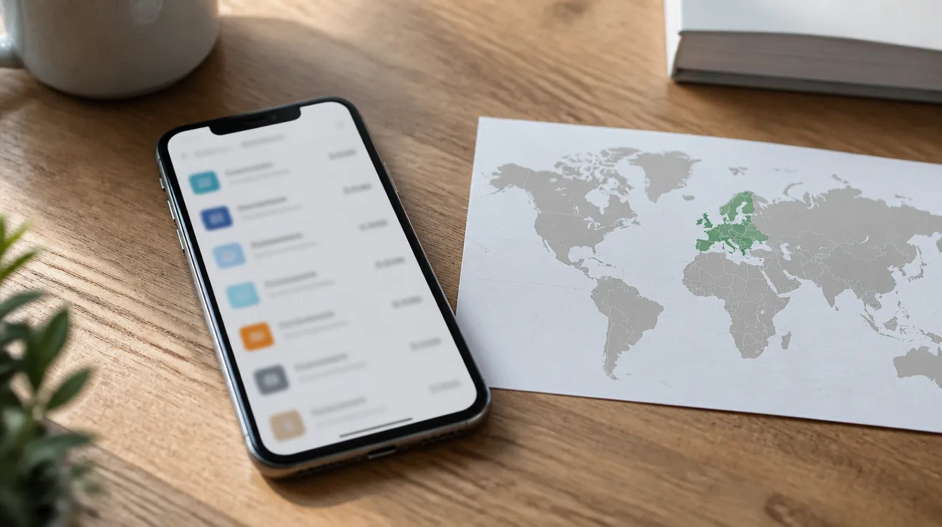 Smartphone-Abo-Übersicht und stilisierte Weltkarte auf dem Tisch