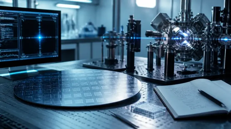 Silizium-Wafer und abstrakte Ionenfallen-Optik auf Labortisch