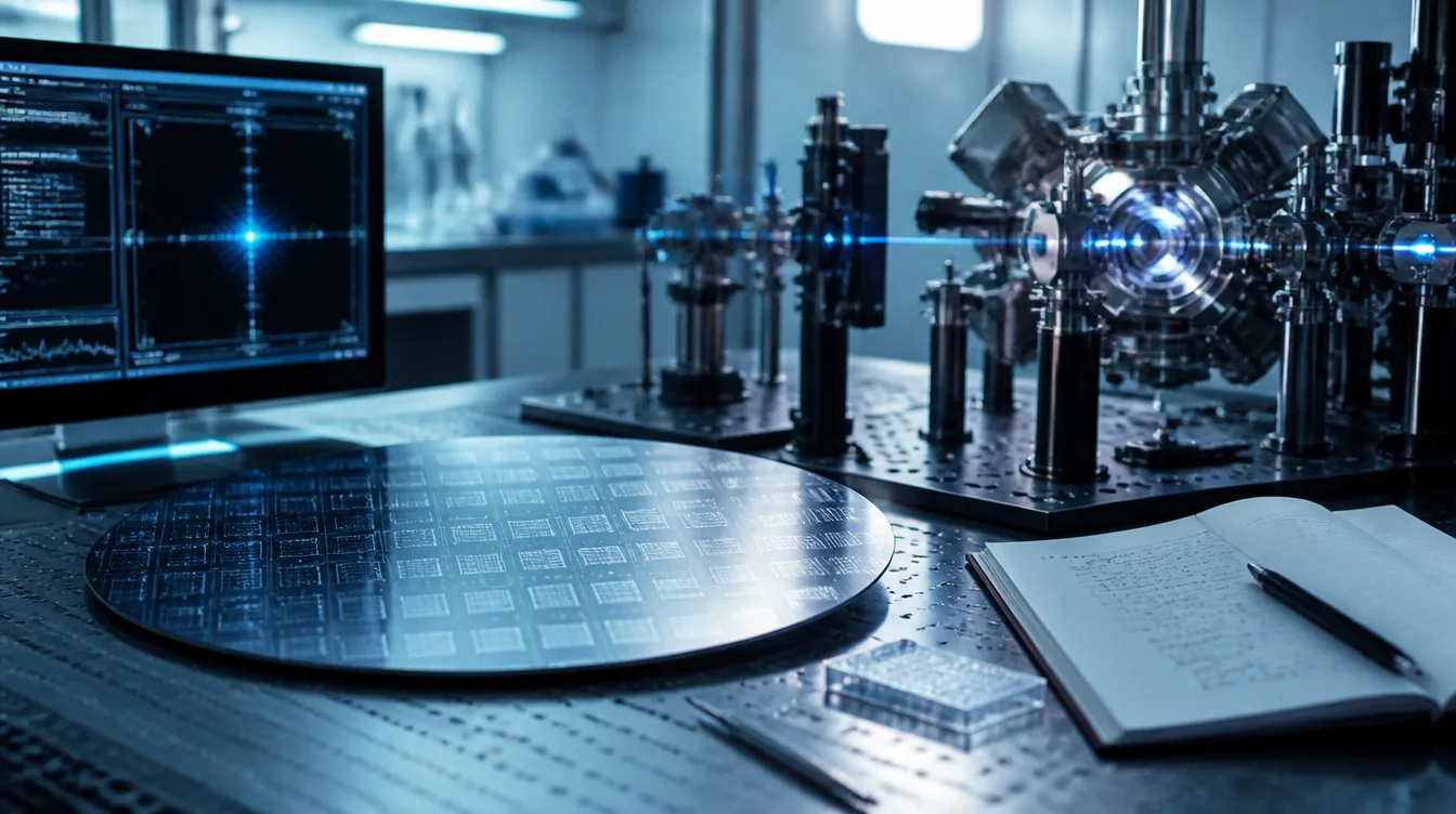 Silizium-Wafer und abstrakte Ionenfallen-Optik auf Labortisch