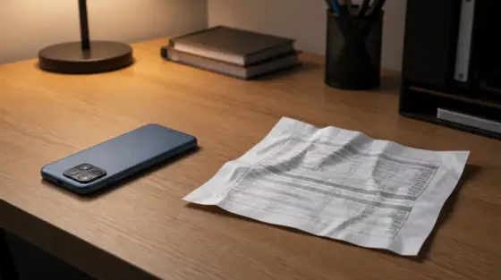 Smartphone und unlesbarer Spec-Zettel auf dem Schreibtisch