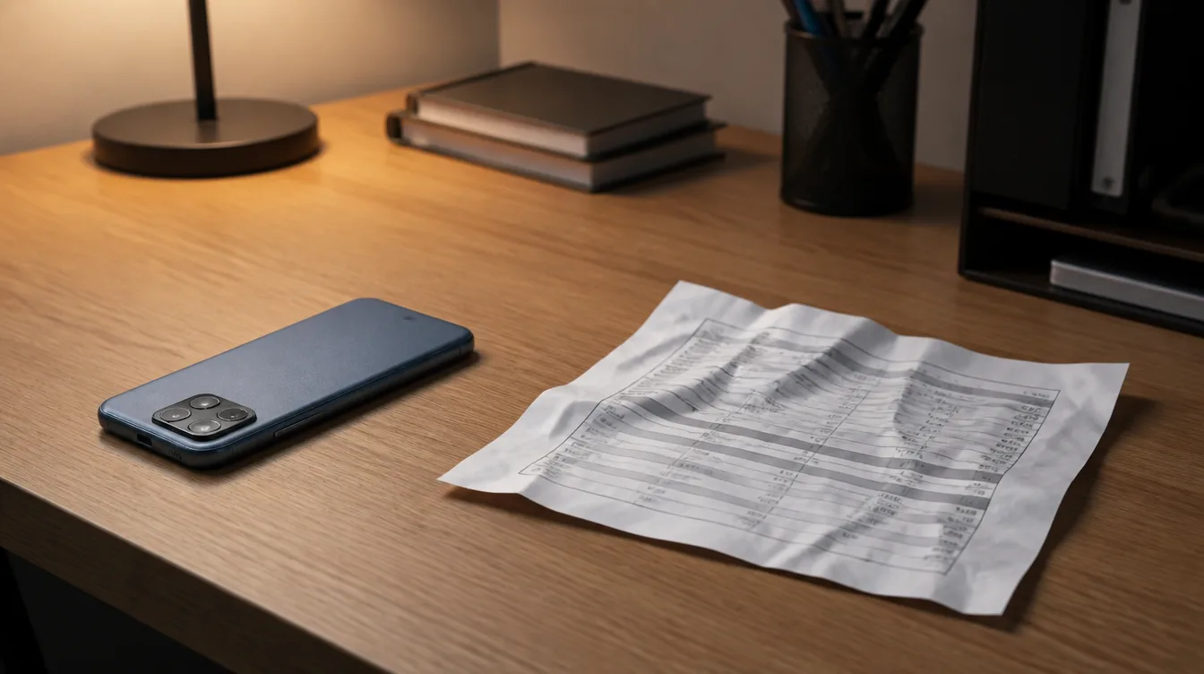 Smartphone und unlesbarer Spec-Zettel auf dem Schreibtisch