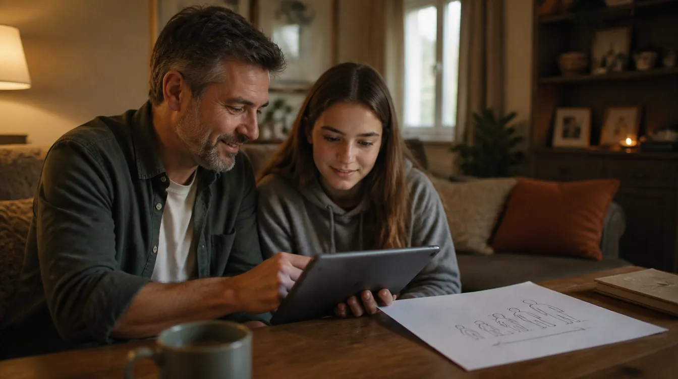 Familie am Tablet, Skizze mit Altersstufen unlesbar daneben