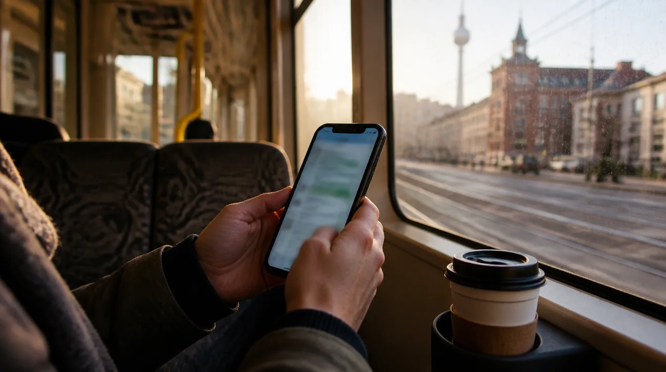 Hände mit Smartphone und unlesbarem Chat in der Tram, Kaffeebecher daneben