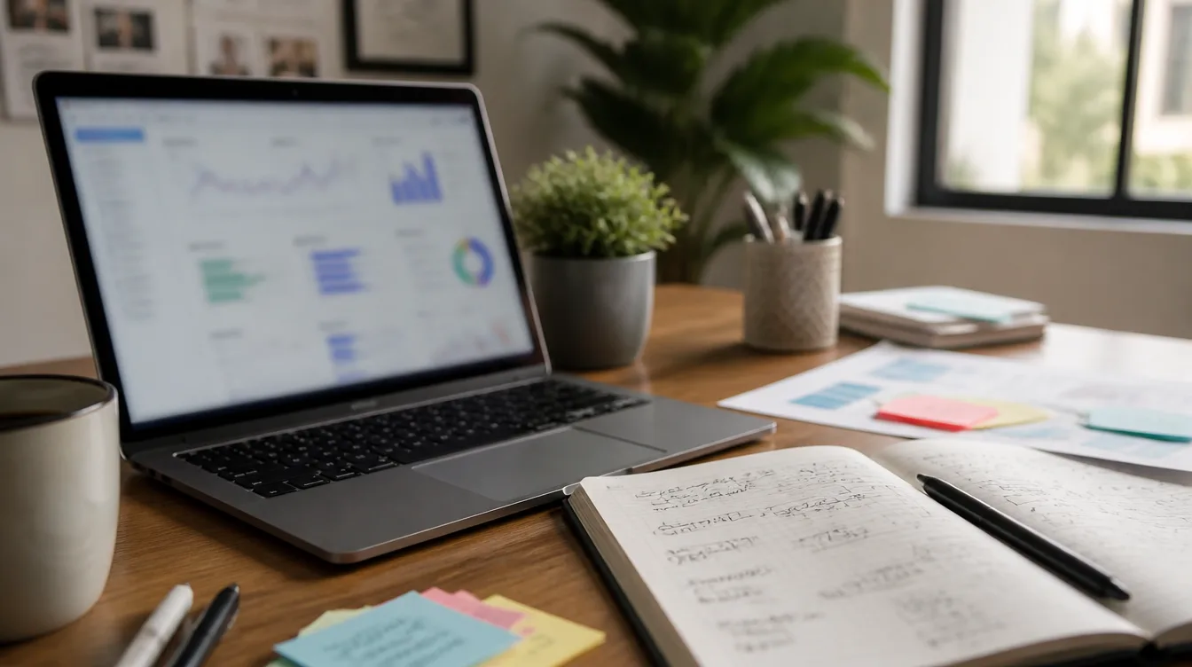 Laptop und Notizbuch mit Testbudget-Skizze auf dem Schreibtisch