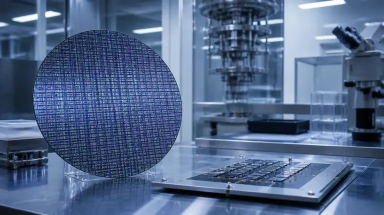 Silizium-Wafer und abstrakte Quantenoptik auf Labortisch