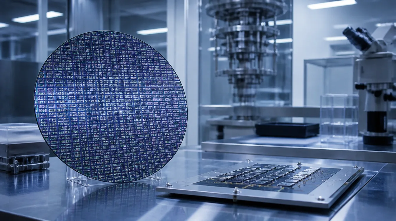 Silizium-Wafer und abstrakte Quantenoptik auf Labortisch