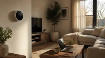 Modernes Wohnzimmer mit Thermostat und Laptop auf dem Couchtisch