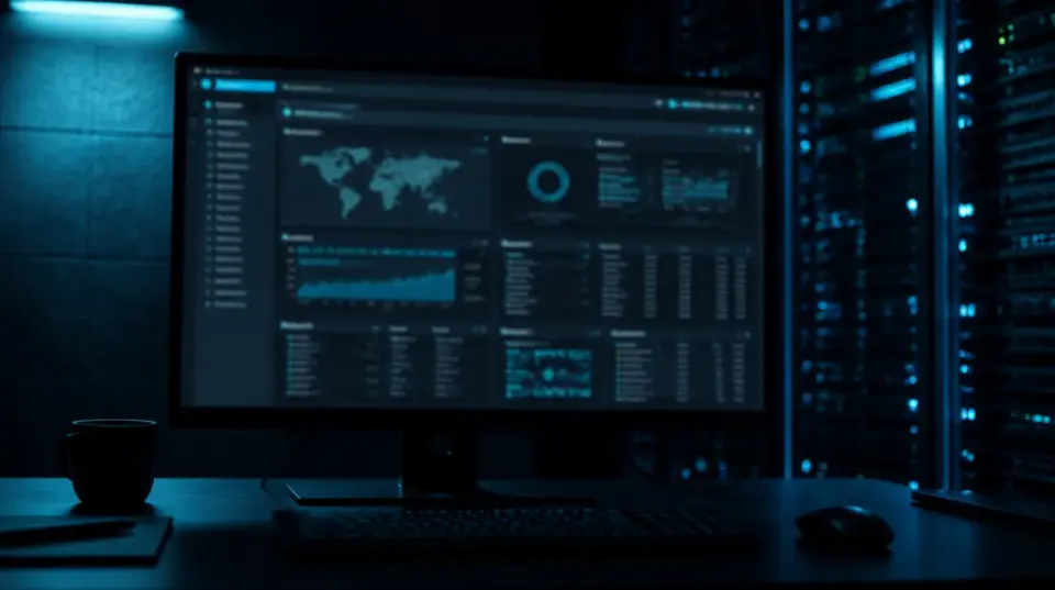 Dunkler Serverraum-Monitor mit unlesbarem Netzwerk-Dashboard