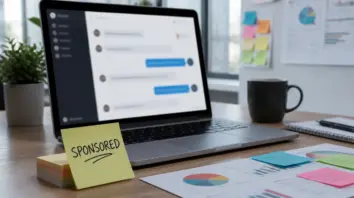 Laptop mit unlesbarem Chat und Sticky-Note SPONSORED auf dem Schreibtisch