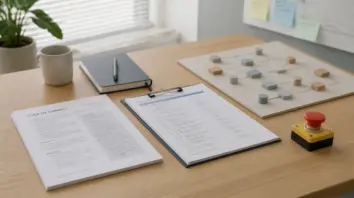 Labortisch mit Dokument, Checkliste und abstraktem Modell-Schema