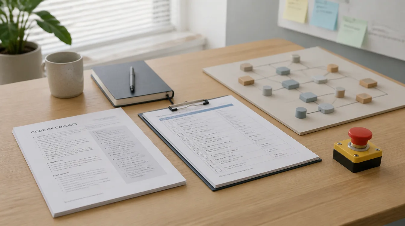 Labortisch mit Dokument, Checkliste und abstraktem Modell-Schema