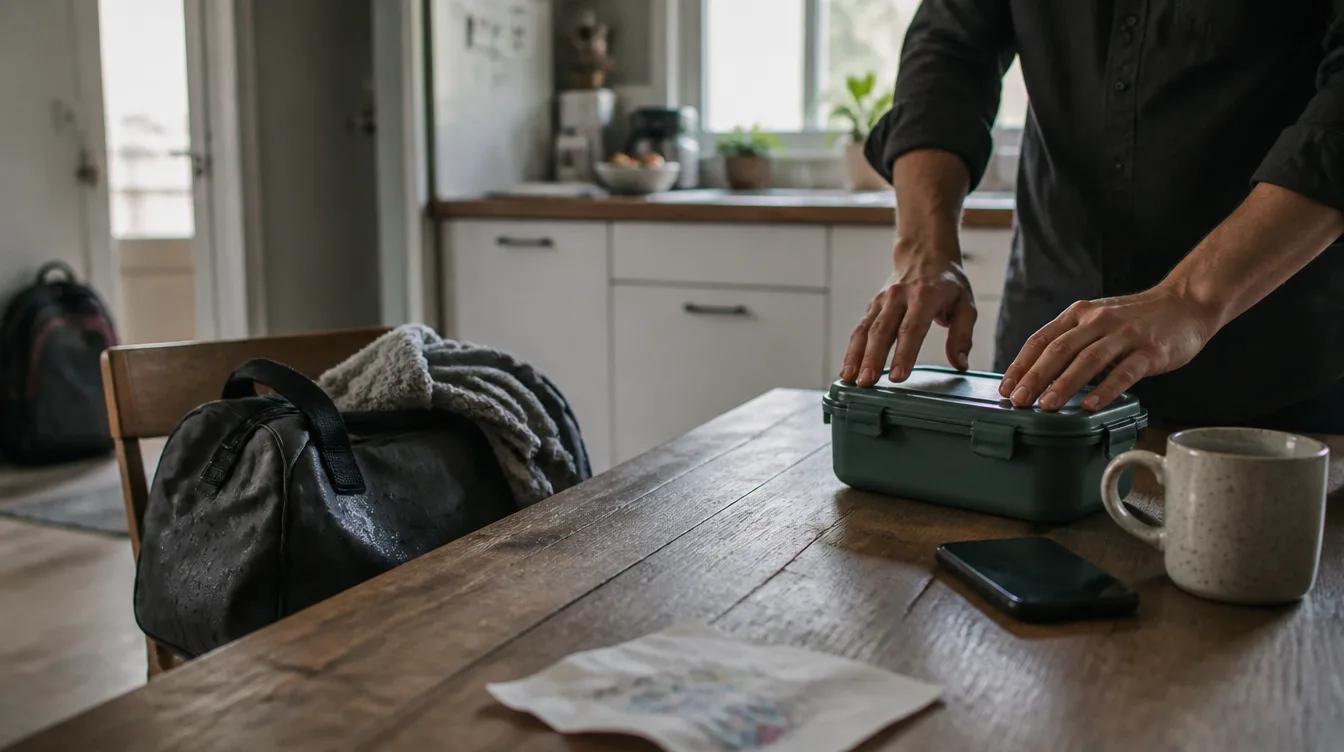 Hände schließen eine Lunchbox, Schulrucksack an der Tür, Telefon liegt verdeckt neben der Kaffeetasse