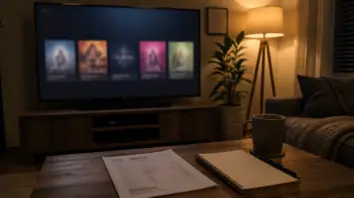Wohnzimmerfernseher mit unlesbaren Kacheln und einem Zettel auf dem Couchtisch