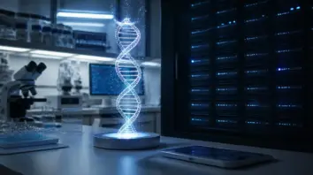 Labortisch mit abstraktem DNA-Modell und Speicherblöcken im kühlen Licht