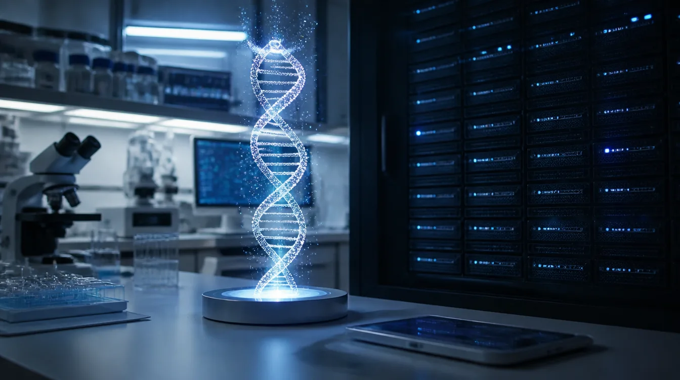 Labortisch mit abstraktem DNA-Modell und Speicherblöcken im kühlen Licht