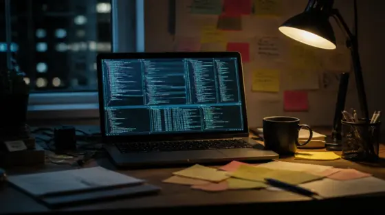 Schreibtisch mit Laptop, mehreren unlesbaren Code-Fenstern und Kaffeetasse