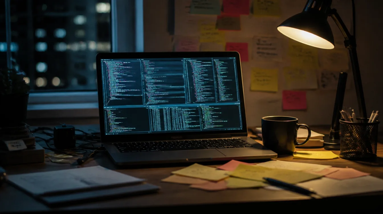 Schreibtisch mit Laptop, mehreren unlesbaren Code-Fenstern und Kaffeetasse