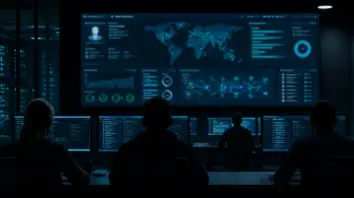 Dunkler Betriebsraum mit unlesbarem Identitäts-Dashboard auf dem Monitor