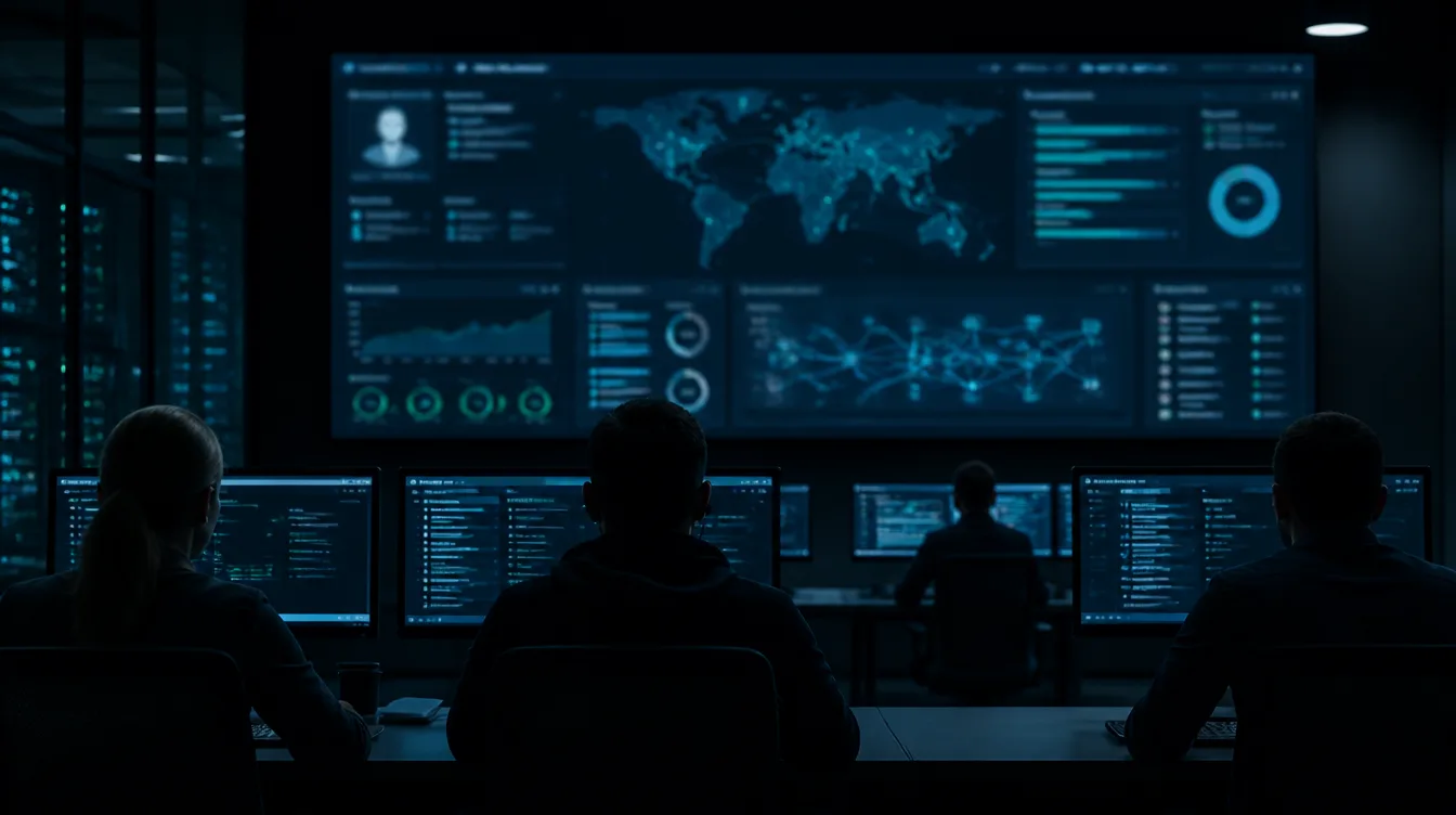 Dunkler Betriebsraum mit unlesbarem Identitäts-Dashboard auf dem Monitor
