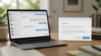 Laptop mit unscharfem Chat und einem separaten Freigabefenster auf dem Schreibtisch