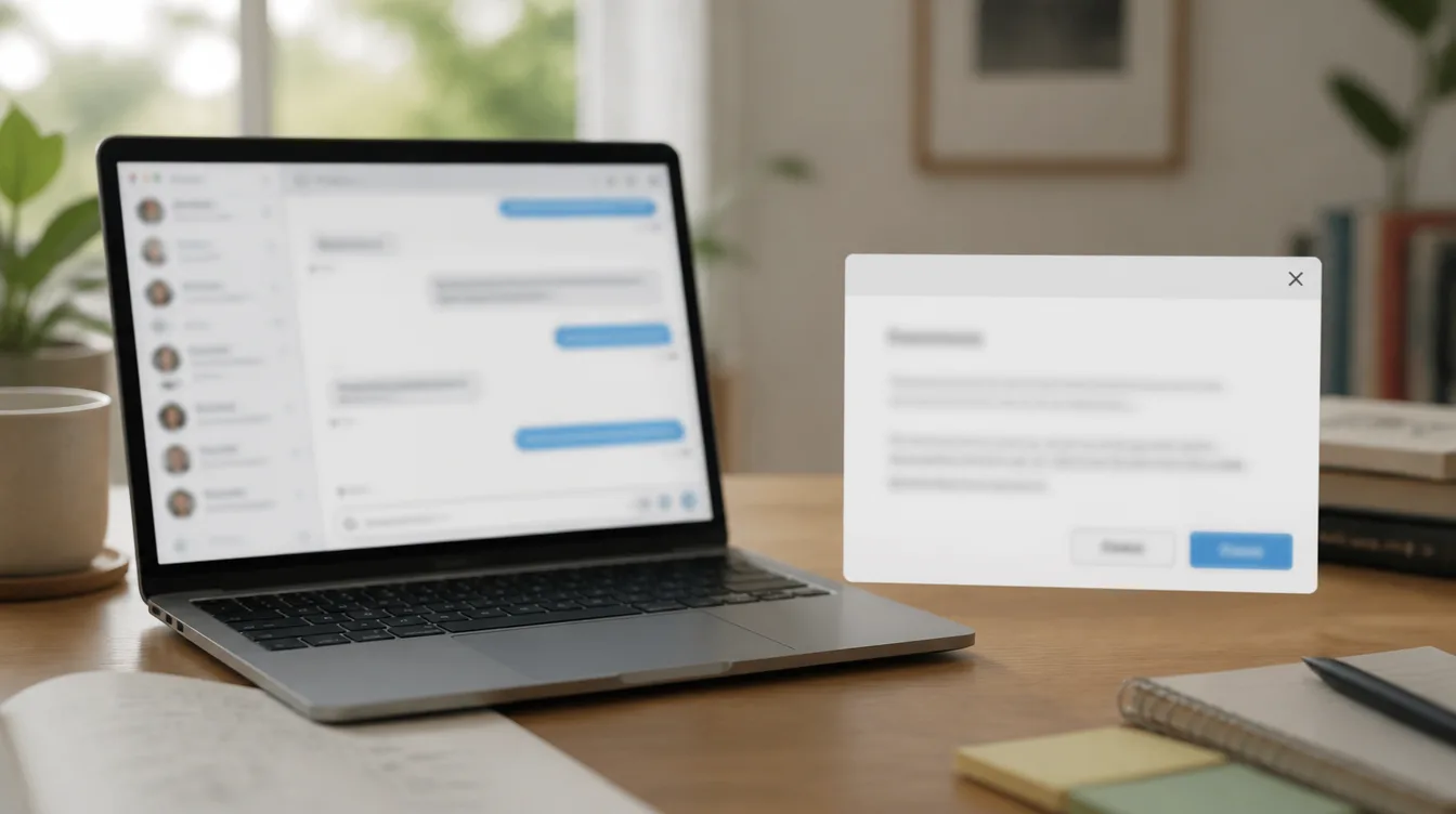 Laptop mit unscharfem Chat und einem separaten Freigabefenster auf dem Schreibtisch