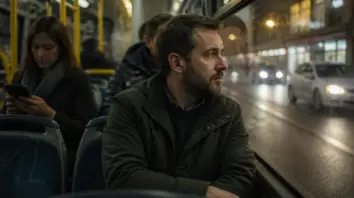 Erwachsene mit offenen Ohrhörern im Bus am Abend, Blick aus dem Fenster