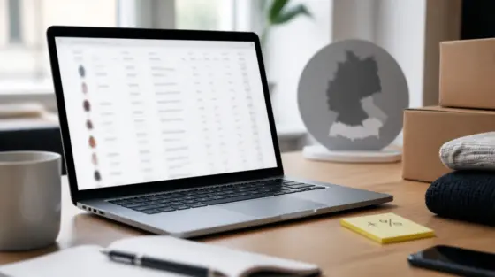 Arbeitsplatz mit unscharfer Feed-Tabelle und Notizzettel, DACH-Hinweis ausgegraut