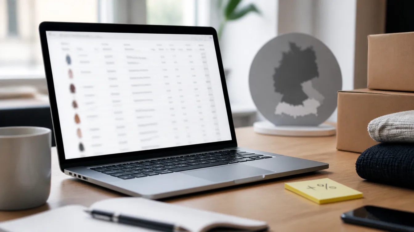 Arbeitsplatz mit unscharfer Feed-Tabelle und Notizzettel, DACH-Hinweis ausgegraut