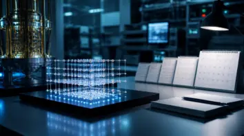 Quantenlabor-Bank mit abstraktem Qubit-Modell und Kalenderblättern