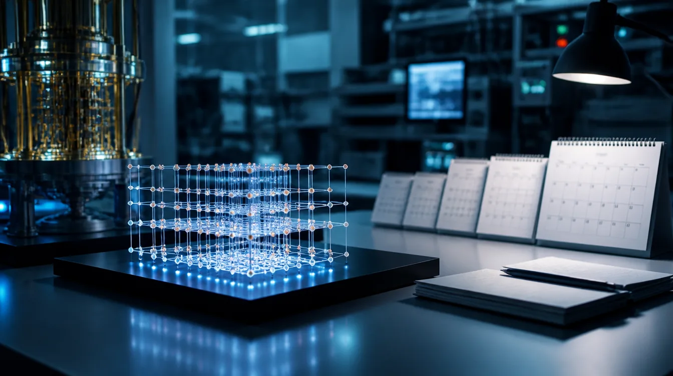Quantenlabor-Bank mit abstraktem Qubit-Modell und Kalenderblättern