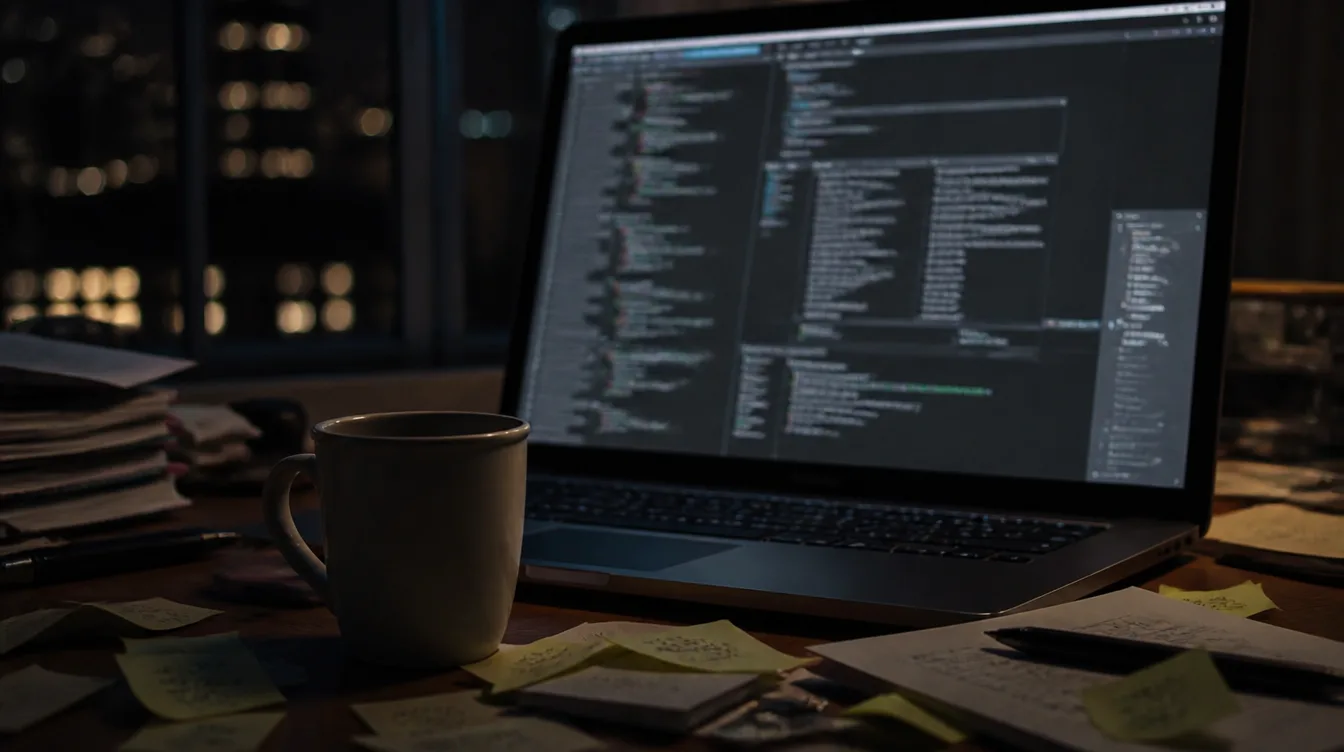 Nerd-Schreibtisch mit Laptop, unscharfen Terminalfenstern und Kaffee