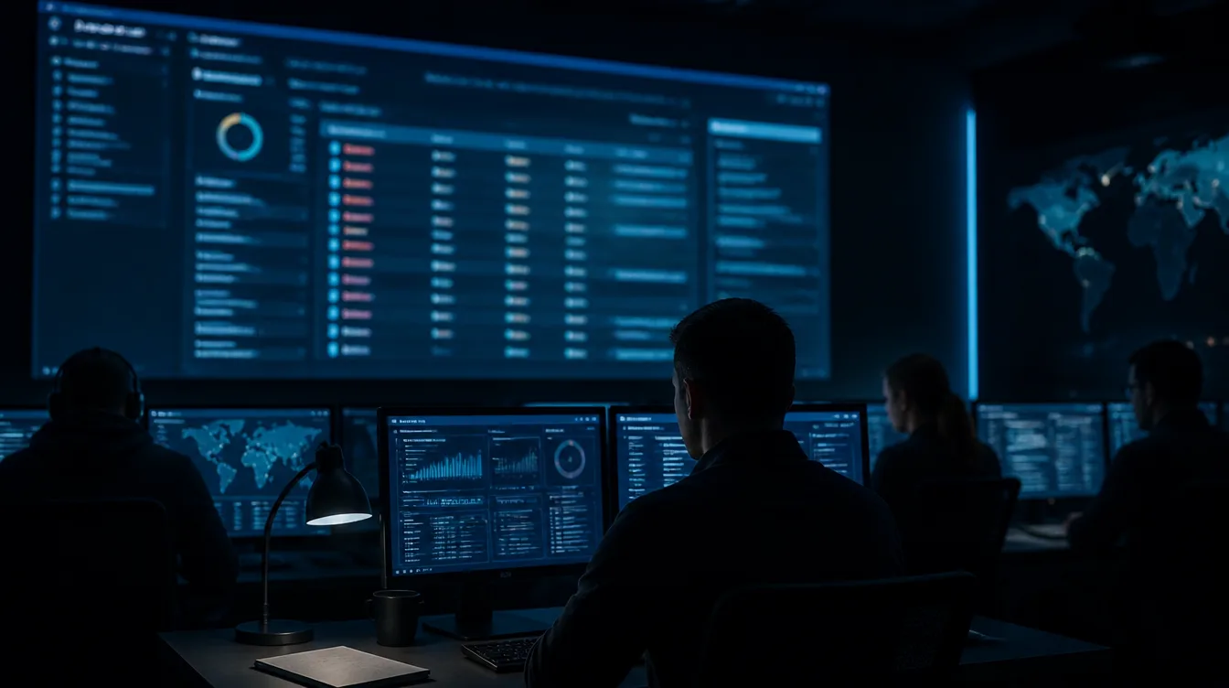 Dunkler Betriebsraum mit unlesbarem Vulnerability-Dashboard